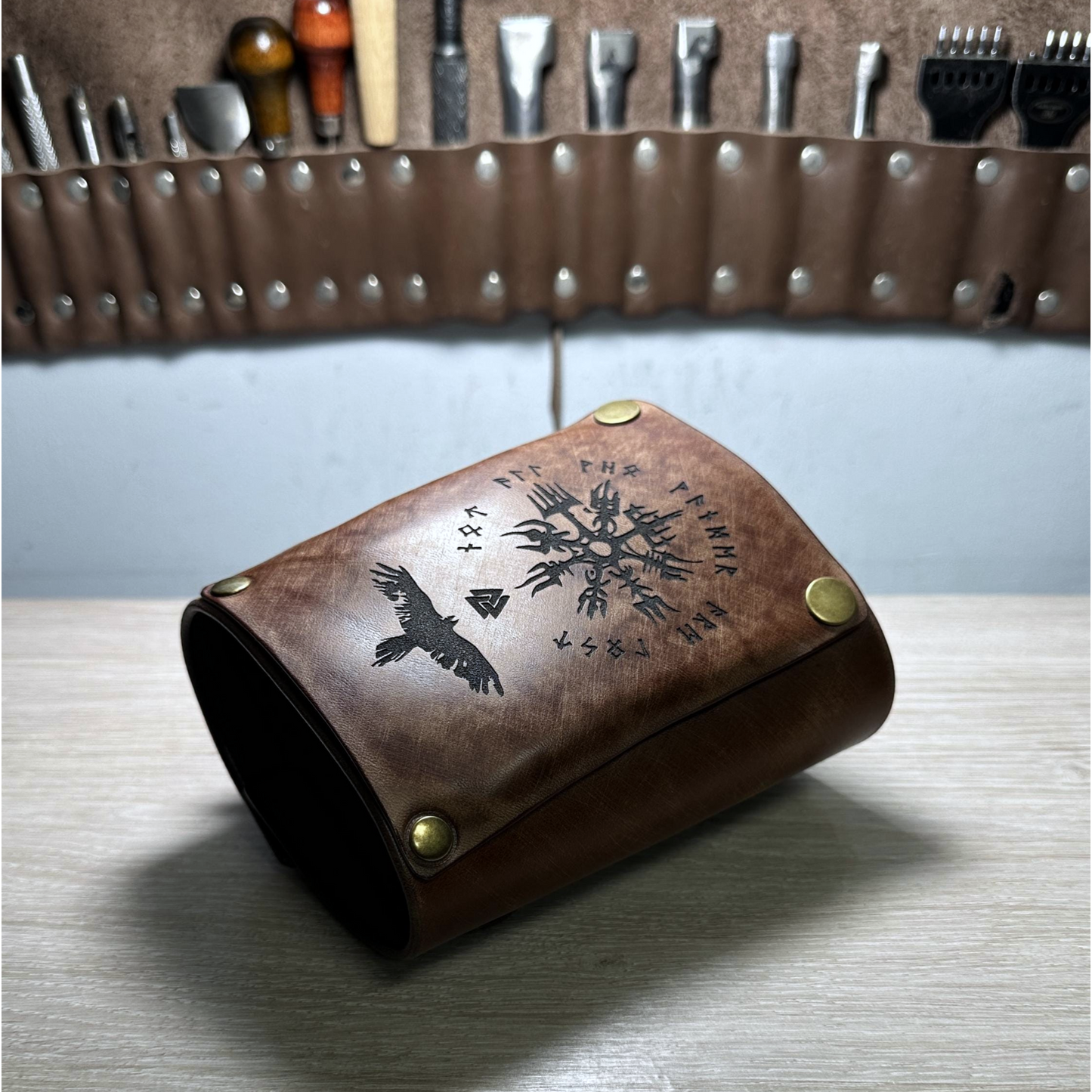 Handmade Leather Wrist Wallet Bracelet – Vintage Card Holder with Custom Engraving