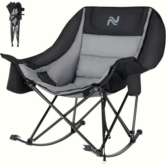 Oversized Rocking Camping Chair – Padded Recliner with Cooler Bag & Pocket, Supports 400 lbs