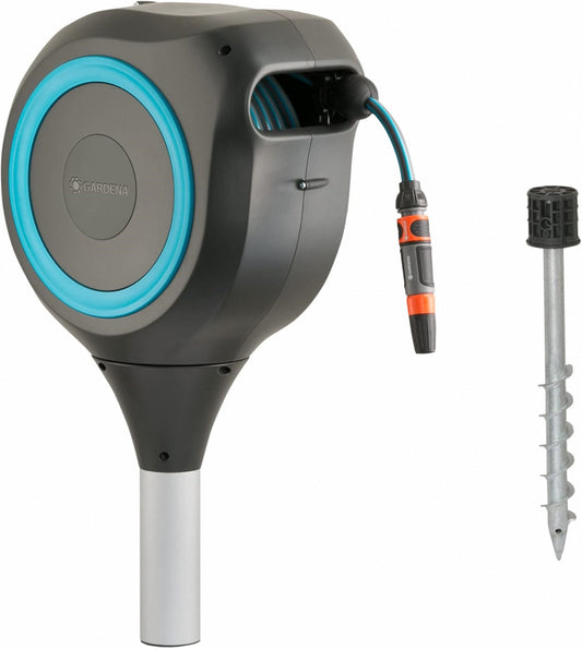 66ft Retractable Garden Hose Reel with 360° Swivel & Ground Spike Mount