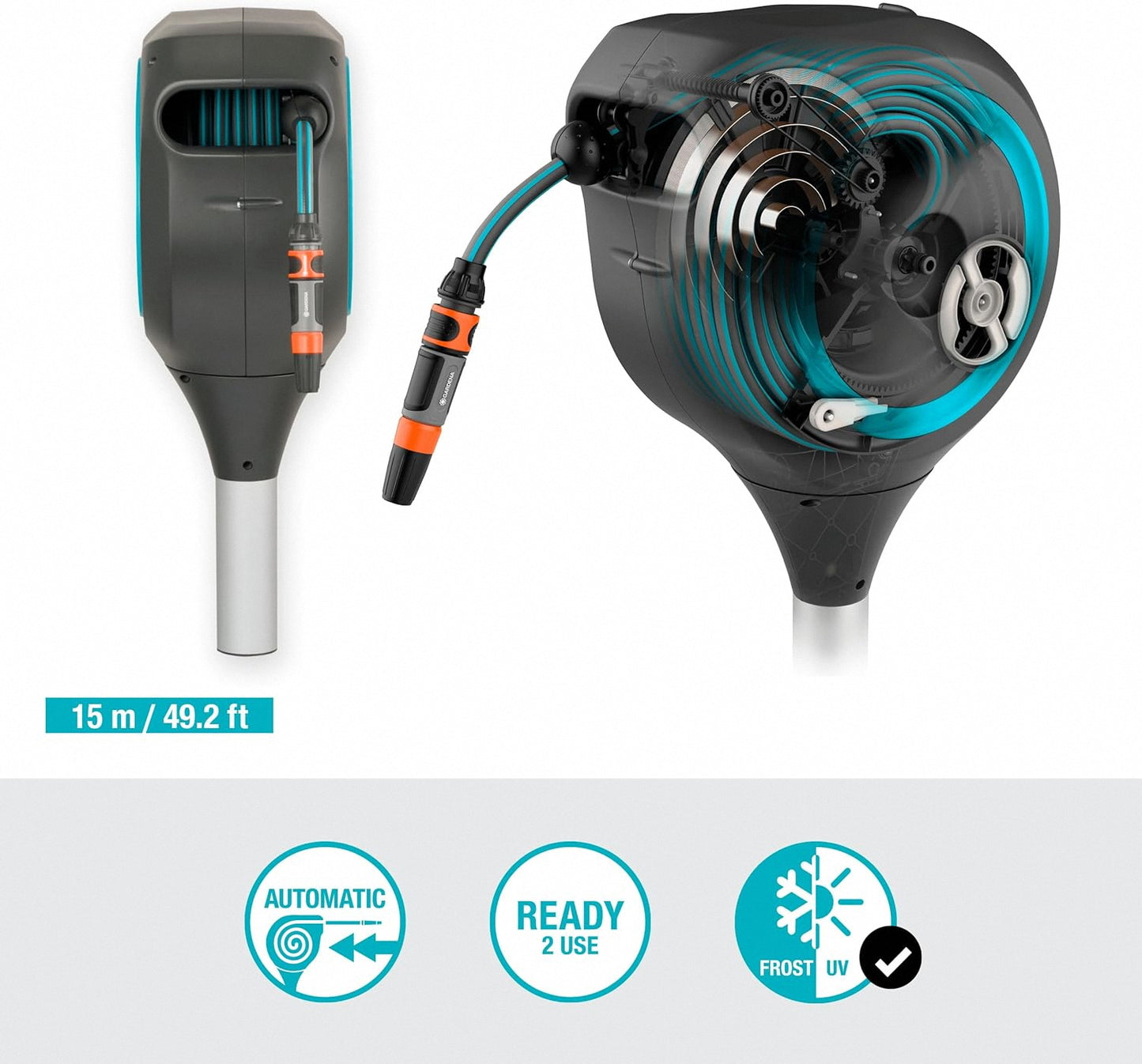 66ft Retractable Garden Hose Reel with 360° Swivel & Ground Spike Mount